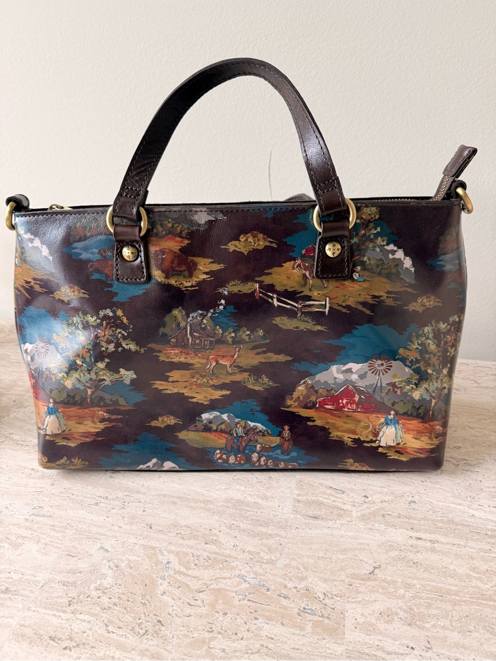 Brown Scenic Print Top-Handle Satchel